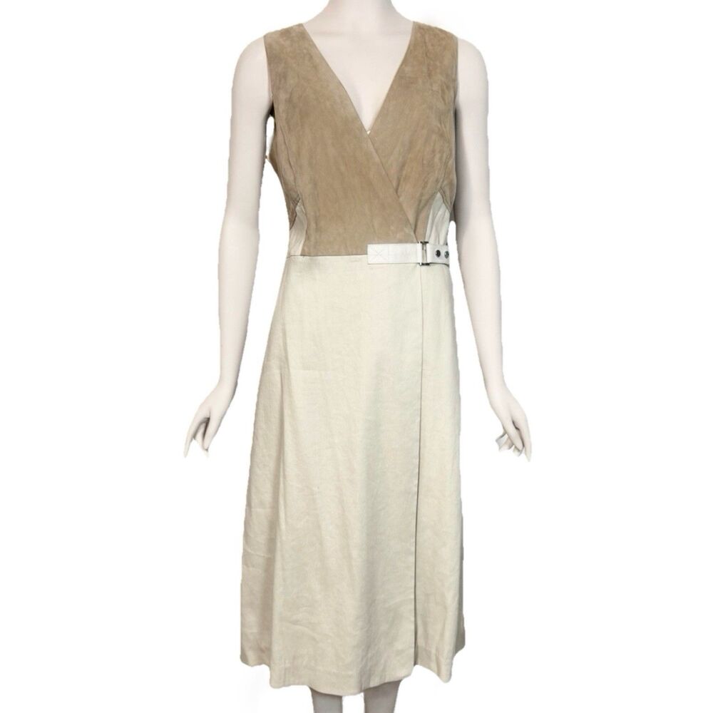 Lafayette 148 Leather Combo Wrap Dress A-Line w Buckle Beige Linen-Blend size 10